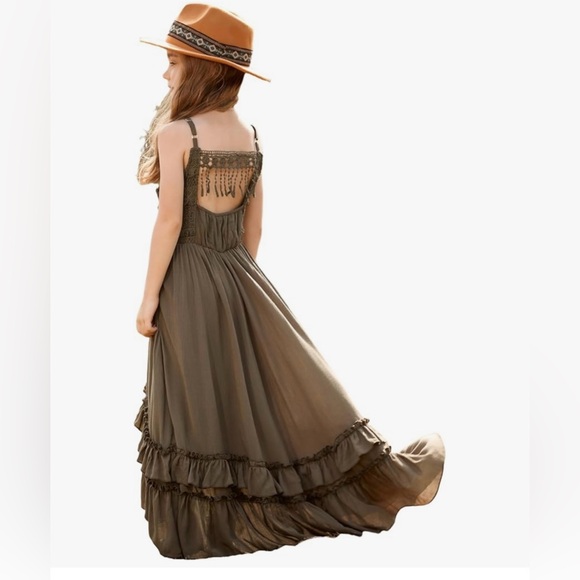 BIBIHOU Girls Lace Backless Boho Holiday Wedding Maxi Flower Girl Dress 10Y